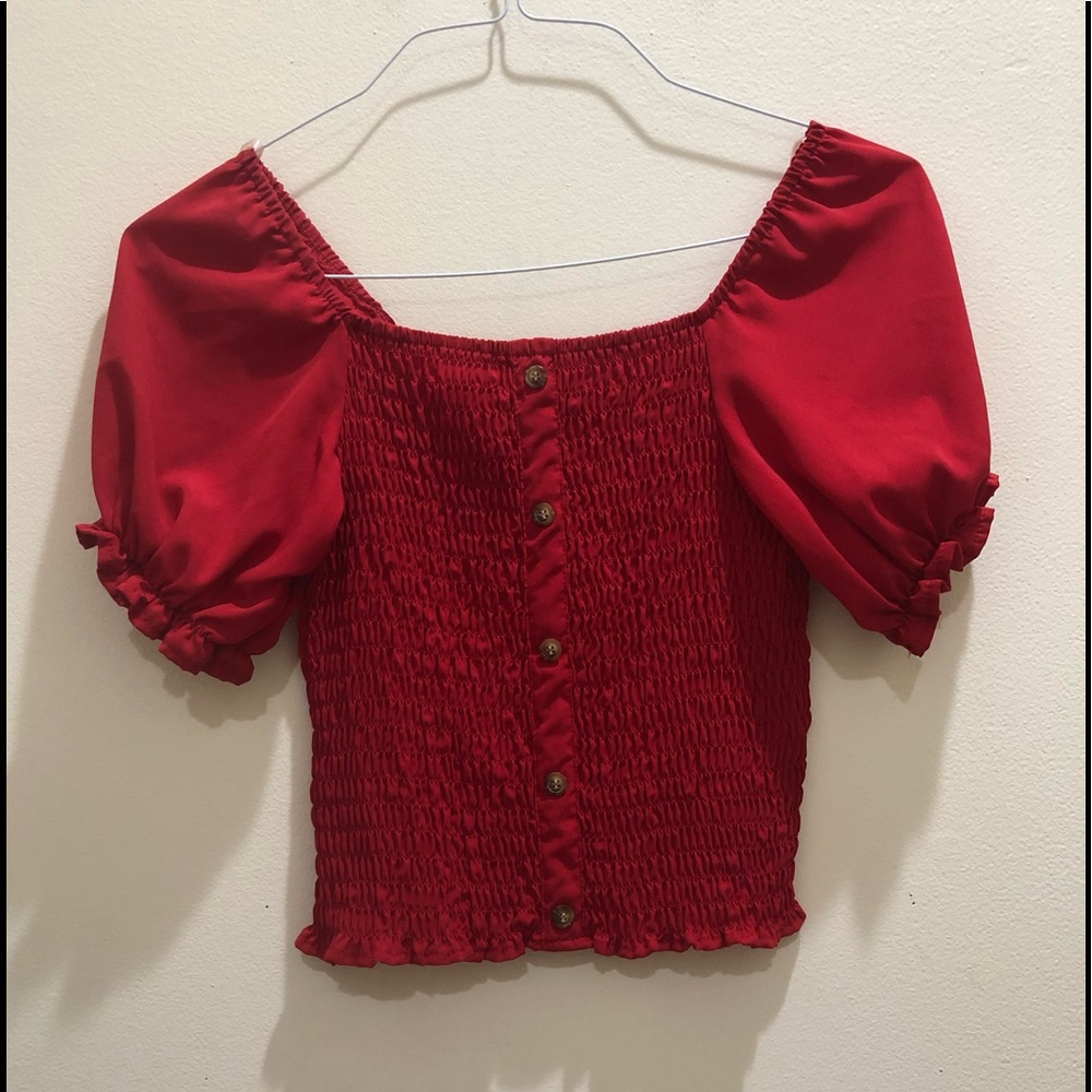 Ladies Red Short Sleeve Elastic Pattern And Butto… - image 1